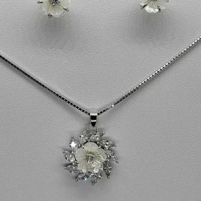 Brand New Sterling Silver 925 Flower white opal with cz stones earrings and necklace set