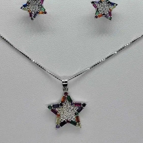 Brand New Sterling Silver 925 Star multi color Zirconia Stone Necklace set