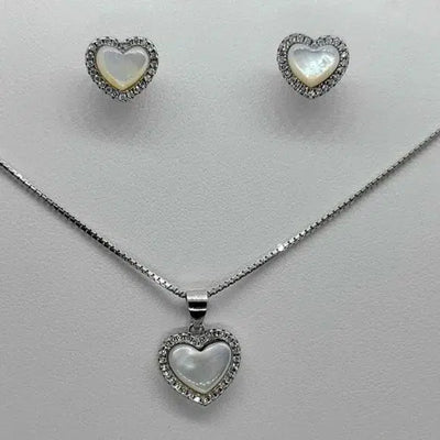 Brand New Sterling Silver 925 Heart white opal w/ cubic zirconia stones earrings and necklace set