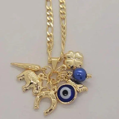 Brand New Brazilian 18k Gold Filled Blue Evil Eye w/ Lucky Charms Necklace