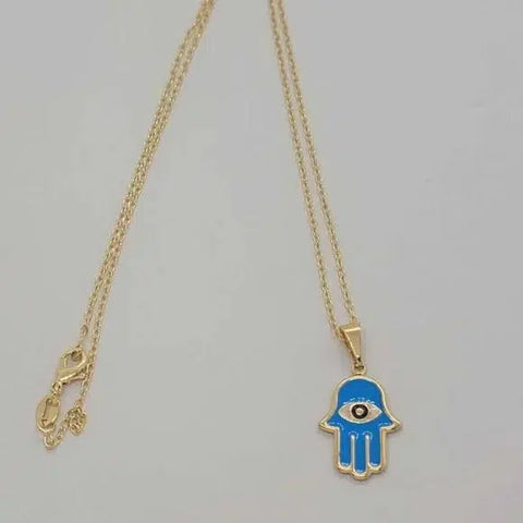 Brand New Brazilian 18k Gold Filled Baby Blue Hamsa With Evil Eye Necklace