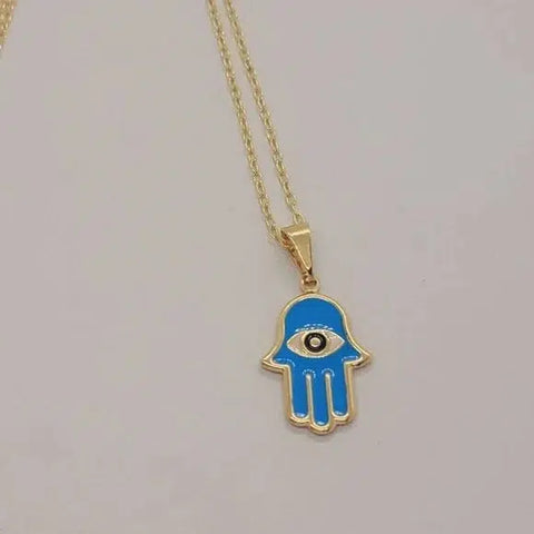 Brand New Brazilian 18k Gold Filled Baby Blue Hamsa With Evil Eye Necklace