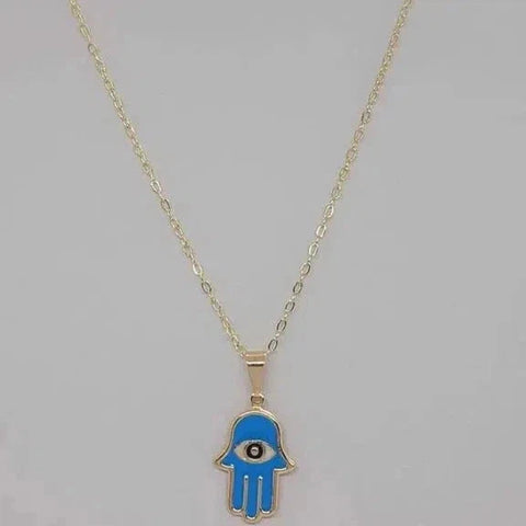 Brand New Brazilian 18k Gold Filled Baby Blue Hamsa With Evil Eye Necklace