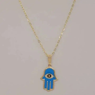 Brand New Brazilian 18k Gold Filled Baby Blue Hamsa With Evil Eye Necklace