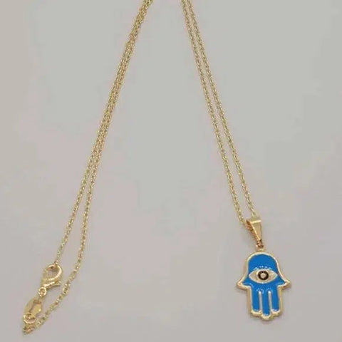 Brand New Brazilian 18k Gold Filled Baby Blue Hamsa With Evil Eye Necklace