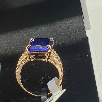 Brand New 18k rose gold plated ring w/ dark blue gemstone & cubic zirconia stones