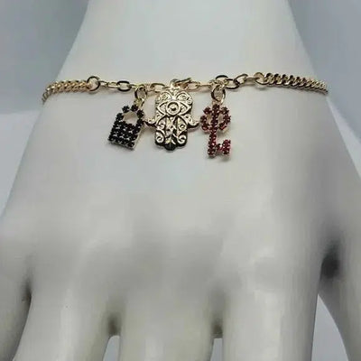 Brand New Brazilian 18k Gold Filled Red Key Black Lock & Hamsa Bracelet