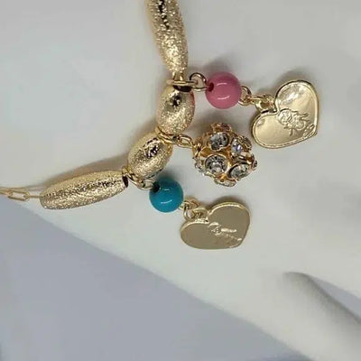 Brand New Brazilian 18k Gold Filled Daughter & Son Heart - Pink & Blue Bead Bracelet