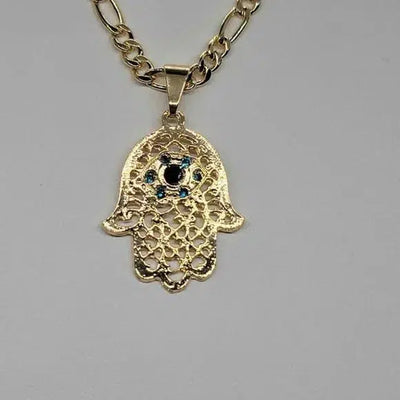 Brand New  Brazilian 18k Gold Filled Hamsa with Blue Gem Evil Eye Design Necklace