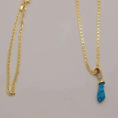 Brand New Brazilian 18k Gold Filled Baby Blue Figa Hand Necklace