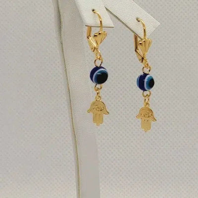 Brand New Brazilian 18k Gold Filled Hamsa with Blue Evil Eye Earrings