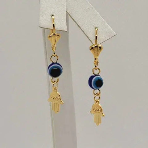 Brand New Brazilian 18k Gold Filled Hamsa with Blue Evil Eye Earrings