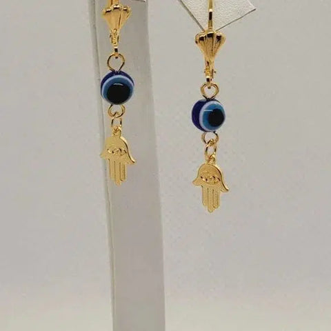 Brand New Brazilian 18k Gold Filled Hamsa with Blue Evil Eye Earrings