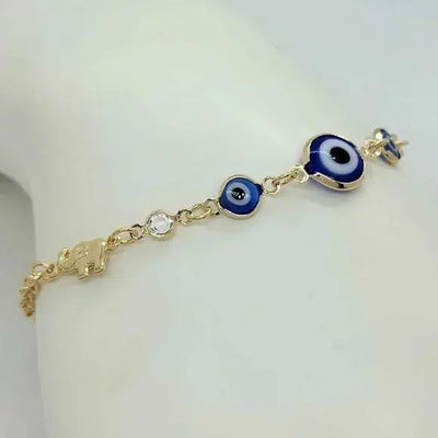 Brand New Brazilian 18k Gold Filled 2 Elephants & Blue Evil Eye Bracelet