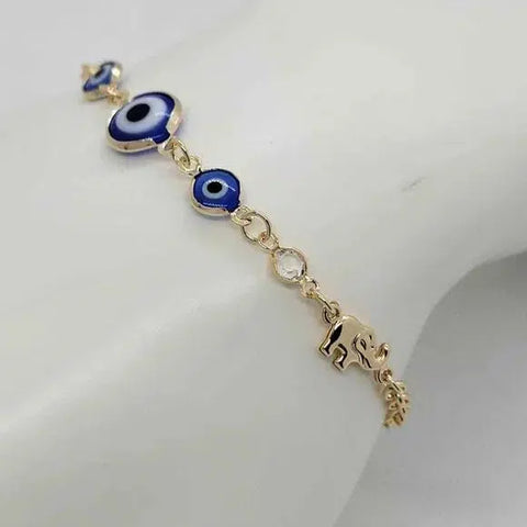 Brand New Brazilian 18k Gold Filled 2 Elephants & Blue Evil Eye Bracelet