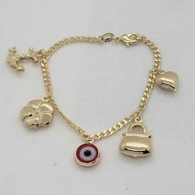 Brand New Brazilian 18k Gold Filled Red Evil Eye & Charms Bracelet