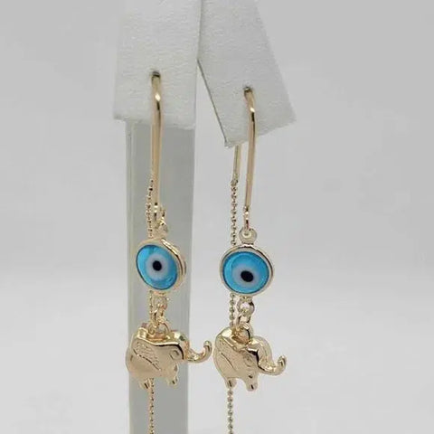 Brand New Brazilian 18k Gold Filled Baby Blue Evil Eye W/ Elephants Earrings