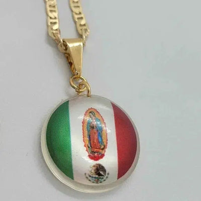 Brand New Brazilian 18k Gold Filled Virgen De Guadalupe W/ Mexican Flag Necklace