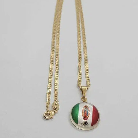 Brand New Brazilian 18k Gold Filled Virgen De Guadalupe W/ Mexican Flag Necklace