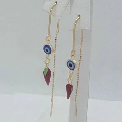 Brand New Brazilian 18k Gold Filled Blue Evil Eye With Red Pepper Earrings