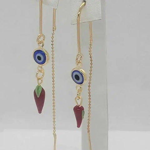 Brand New Brazilian 18k Gold Filled Blue Evil Eye With Red Pepper Earrings