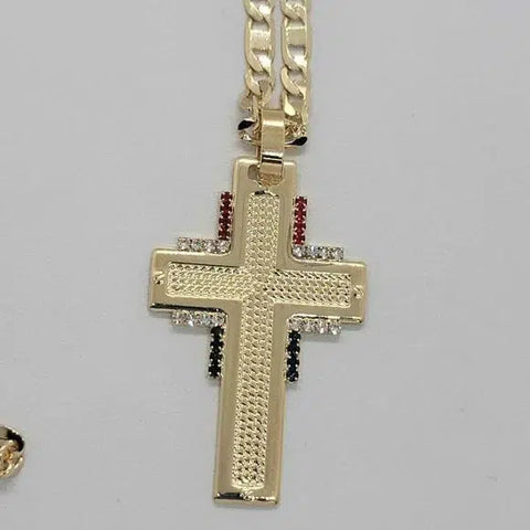 Brand New  Brazilian 18k Gold Filled Cross w/ Mexican color Flag Necklace