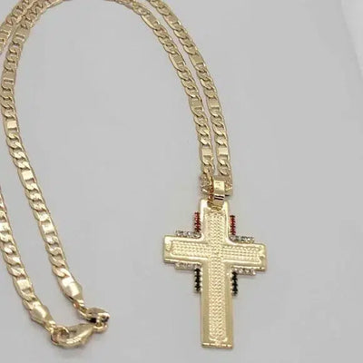 Brand New  Brazilian 18k Gold Filled Cross w/ Mexican color Flag Necklace