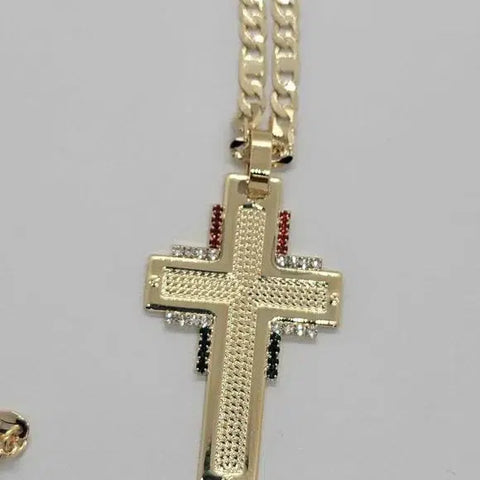 Brand New  Brazilian 18k Gold Filled Cross w/ Mexican color Flag Necklace