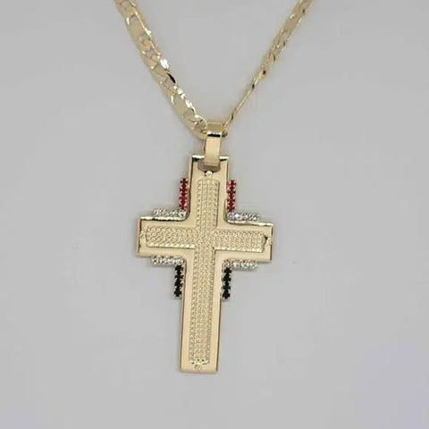 Brand New  Brazilian 18k Gold Filled Cross w/ Mexican color Flag Necklace