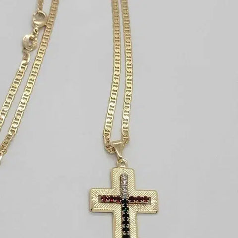 Brand NEW  Brazilian 18k Gold Filled Cross w/ mexican colors cz stones Necklace
