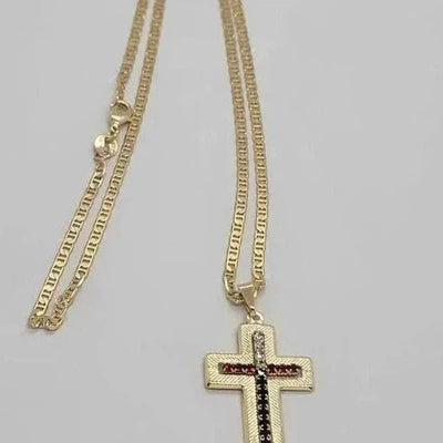 Brand NEW  Brazilian 18k Gold Filled Cross w/ mexican colors cz stones Necklace