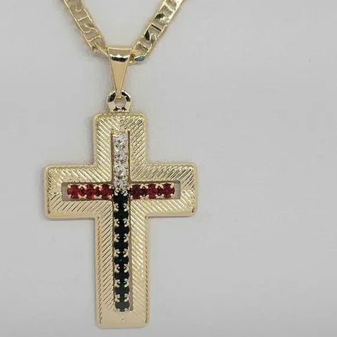 Brand NEW  Brazilian 18k Gold Filled Cross w/ mexican colors cz stones Necklace
