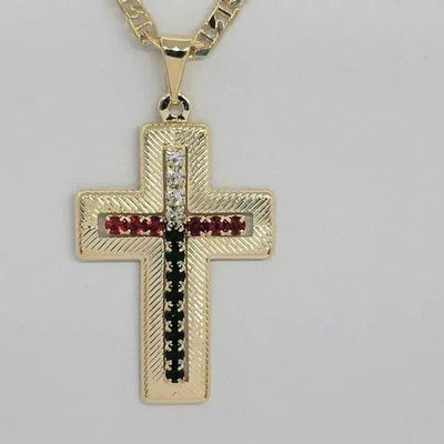 Brand NEW  Brazilian 18k Gold Filled Cross w/ mexican colors cz stones Necklace