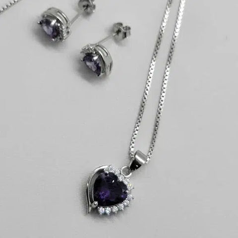 Brand New Sterling Silver 925 Heart with cz stones & Purple Gem Set