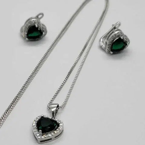 Brand New Sterling Silver 925 Heart with cz stones & Green Gem Set