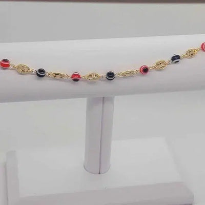 Brand New  Brazilian 18k Gold Filled Beaded Red Black Evil Eye Anklet