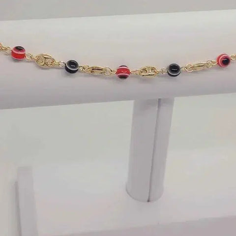 Brand New  Brazilian 18k Gold Filled Beaded Red Black Evil Eye Anklet