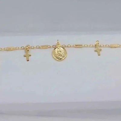 Brand New Brazilian 18k Gold Filled Virgen De Guadalupe With Cross Bracelet