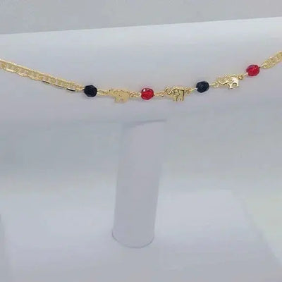 Brand New Brazilian 18k Gold Filled 3 Elephants Red & Black Beaded Anklet