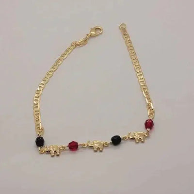 Brand New Brazilian 18k Gold Filled 3 Elephants Red & Black Beaded Anklet