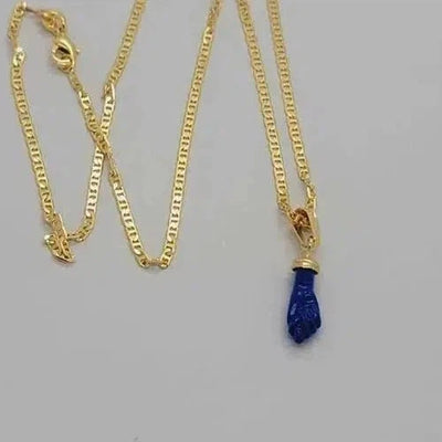 Brand New Brazilian 18k Gold Filled Blue Figa Hand Necklace (Azabache)