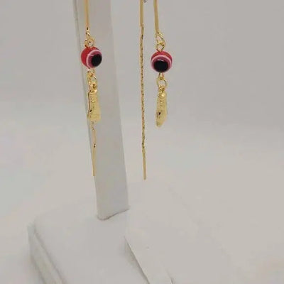 Brand New Brazilian 18k Gold Filled Red Evil Eye With Figa Hand Earrings