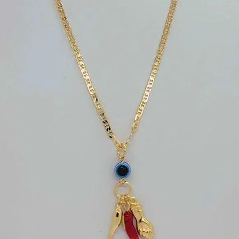 Brand New Brazilian 18k Gold Filled Multi Lucky Charms with Evil Eye Necklace