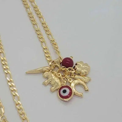 Brand New Brazilian 18k Gold Filled Red Evil Eye w/ Lucky Charms Necklace