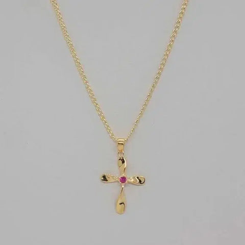 Brand New Brazilian 18k Gold Filled Pink Gem Cross Necklace