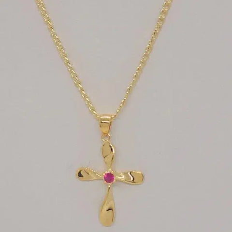 Brand New Brazilian 18k Gold Filled Pink Gem Cross Necklace