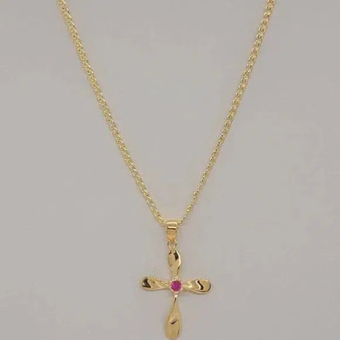 Brand New Brazilian 18k Gold Filled Pink Gem Cross Necklace