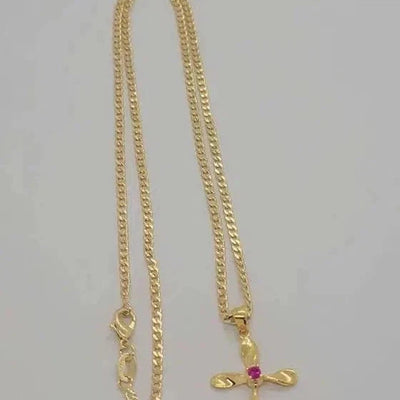 Brand New Brazilian 18k Gold Filled Pink Gem Cross Necklace