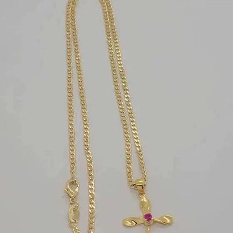 Brand New Brazilian 18k Gold Filled Pink Gem Cross Necklace