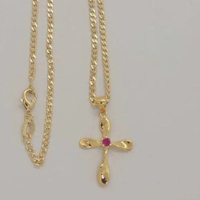 Brand New Brazilian 18k Gold Filled Pink Gem Cross Necklace